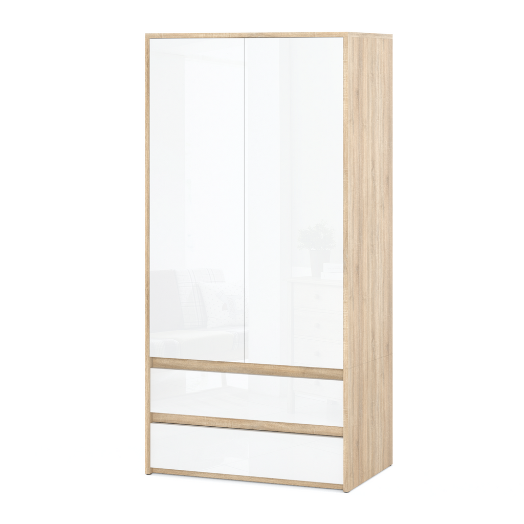 JOELLE - Skříň se 2 dveřmi a 2 zásuvkami - Sonoma dub / bílý lesk H180cm Š90cm H50cm