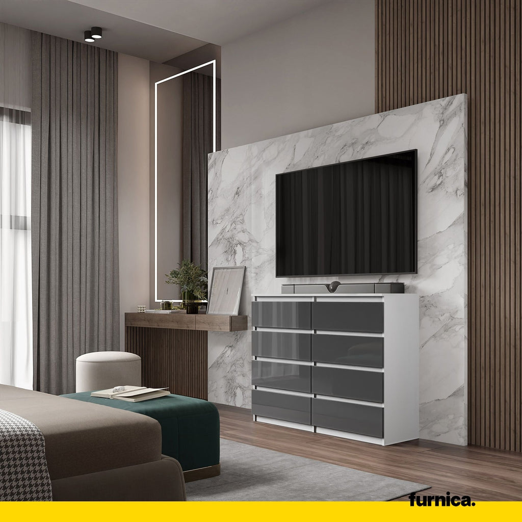 GABRIEL - Komoda se 8 šuplíky - Skříň na oblečení do ložnice - Bílý mat / Antracitový lesk - Výška 92 cm, šířka 120 cm, hloubka 33 cm.