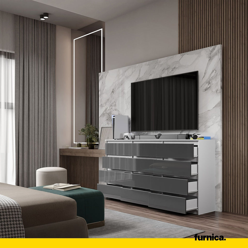 GABRIEL - Komoda se 12 šuplíky (8+4) - Skříň na oblečení do ložnice - Bílý mat / Antracitový lesk - Výška 92 cm, šířka 180 cm, hloubka 33 cm.