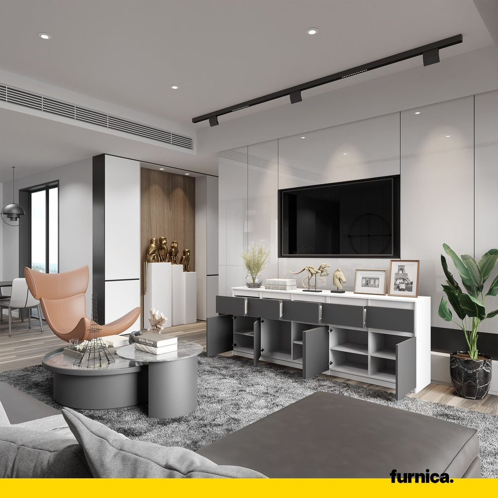 NOAH - Komoda se 5 šuplíky a 5 dveřmi - Skříň na uložení oblečení do ložnice - Bílá matná / Antracitová - V: 75 cm, Š: 200 cm, H: 35 cm