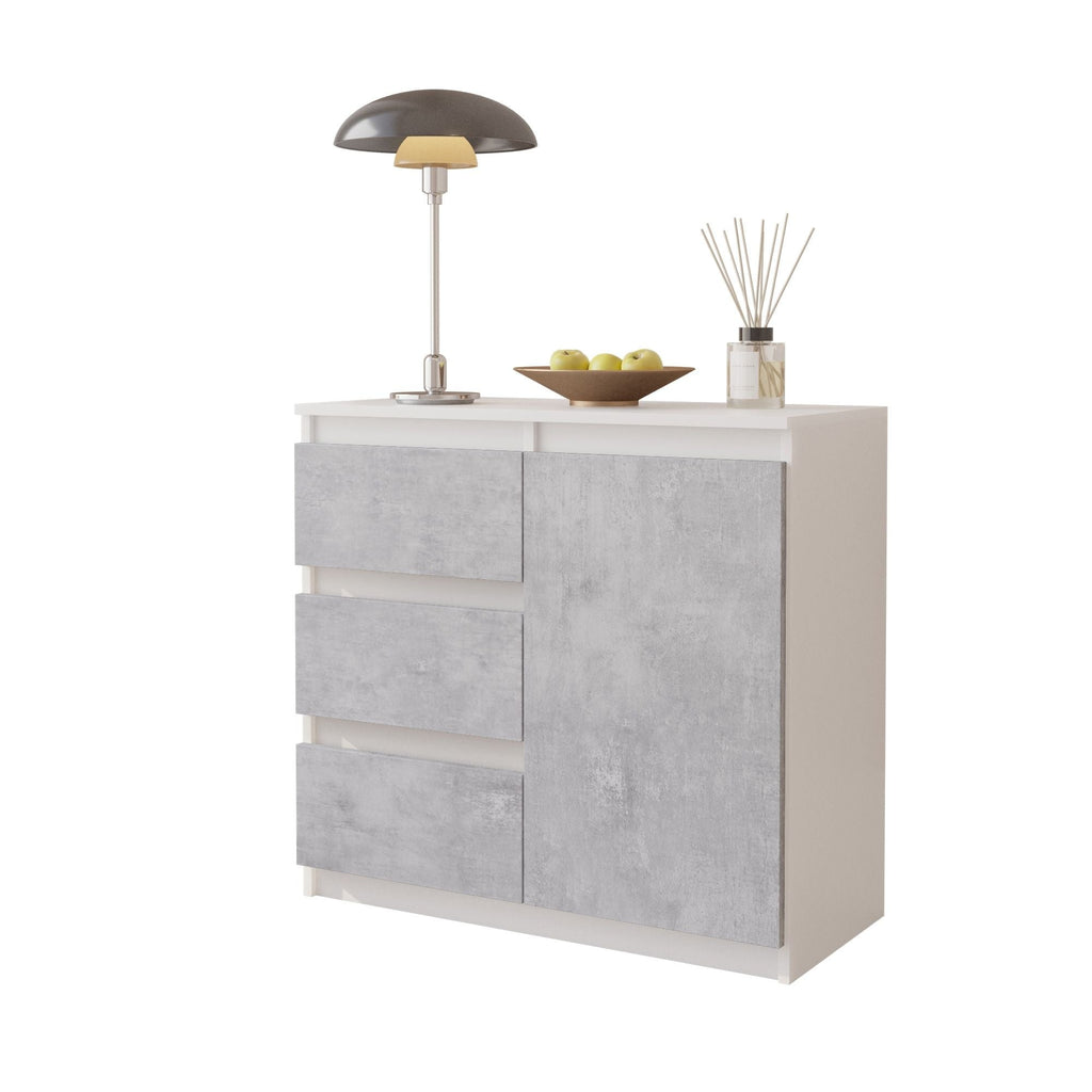 MIKEL - Komoda se 3 šuplíky a 1 dveřmi - Skříň na oblečení do ložnice - Bílý mat / Beton - Výška 75 cm, šířka 80 cm, hloubka 35 cm.