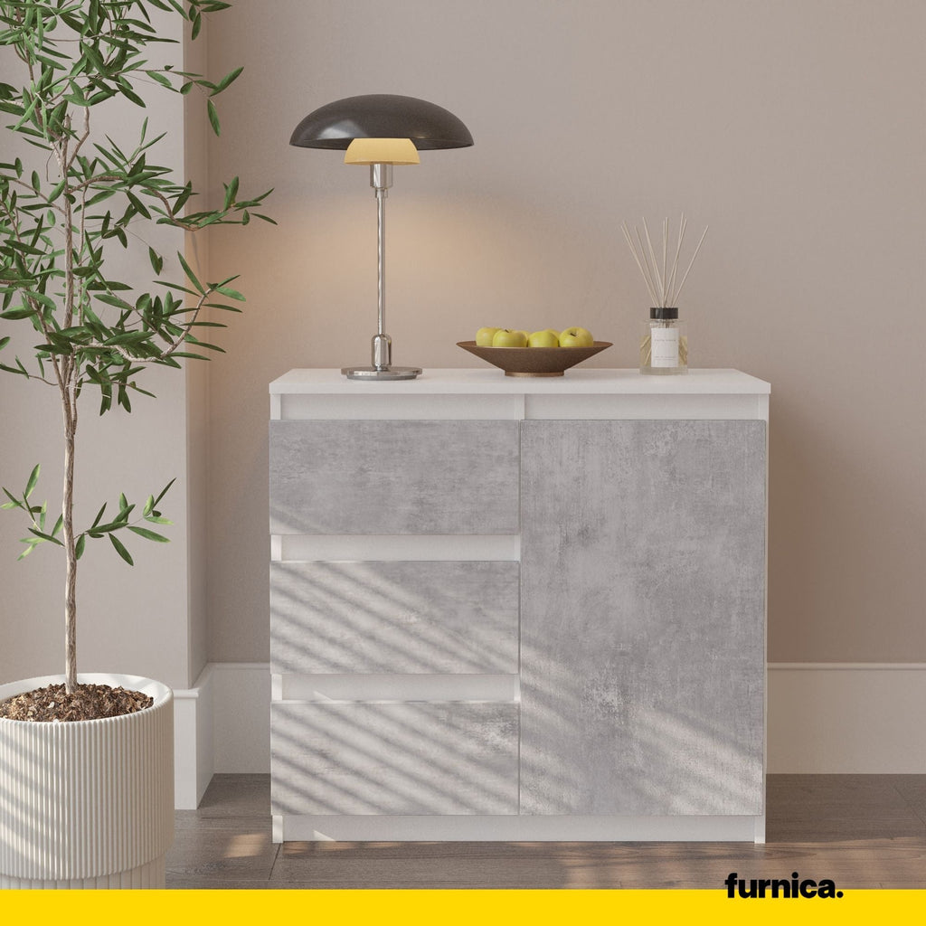 MIKEL - Komoda se 3 šuplíky a 1 dveřmi - Skříň na oblečení do ložnice - Bílý mat / Beton - Výška 75 cm, šířka 80 cm, hloubka 35 cm.