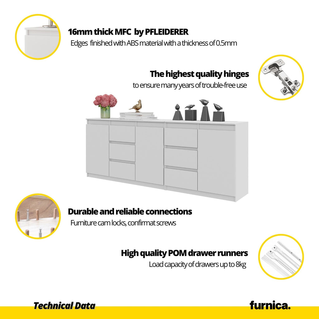 MIKEL - Komoda se 6 šuplíky a 3 dveřmi - Skříň na oblečení do ložnice - Beton / Sonoma dub - Výška 75 cm, šířka 200 cm, hloubka 35 cm.