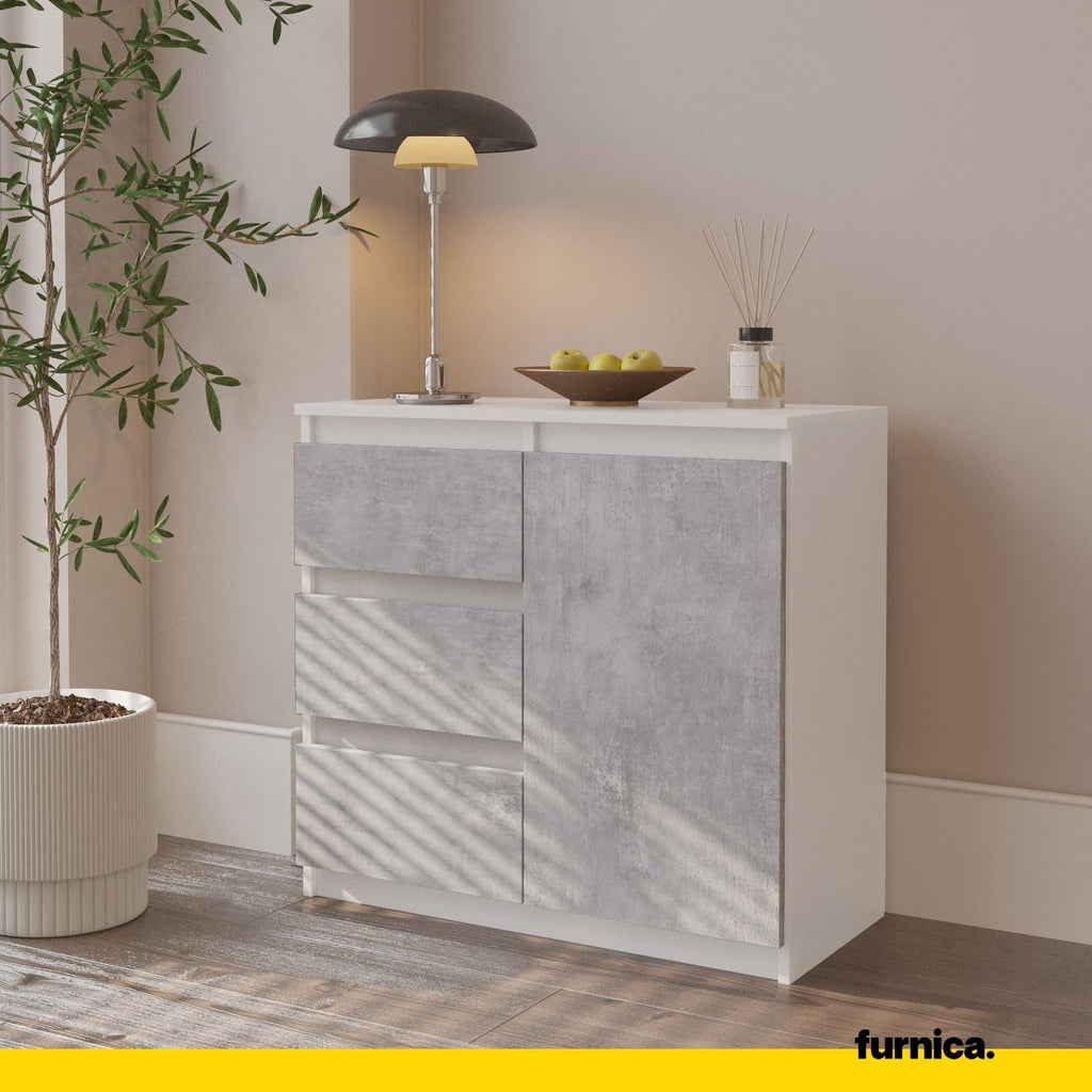 MIKEL - Komoda se 3 šuplíky a 1 dveřmi - Skříň na oblečení do ložnice - Bílý mat / Beton - Výška 75 cm, šířka 80 cm, hloubka 35 cm.