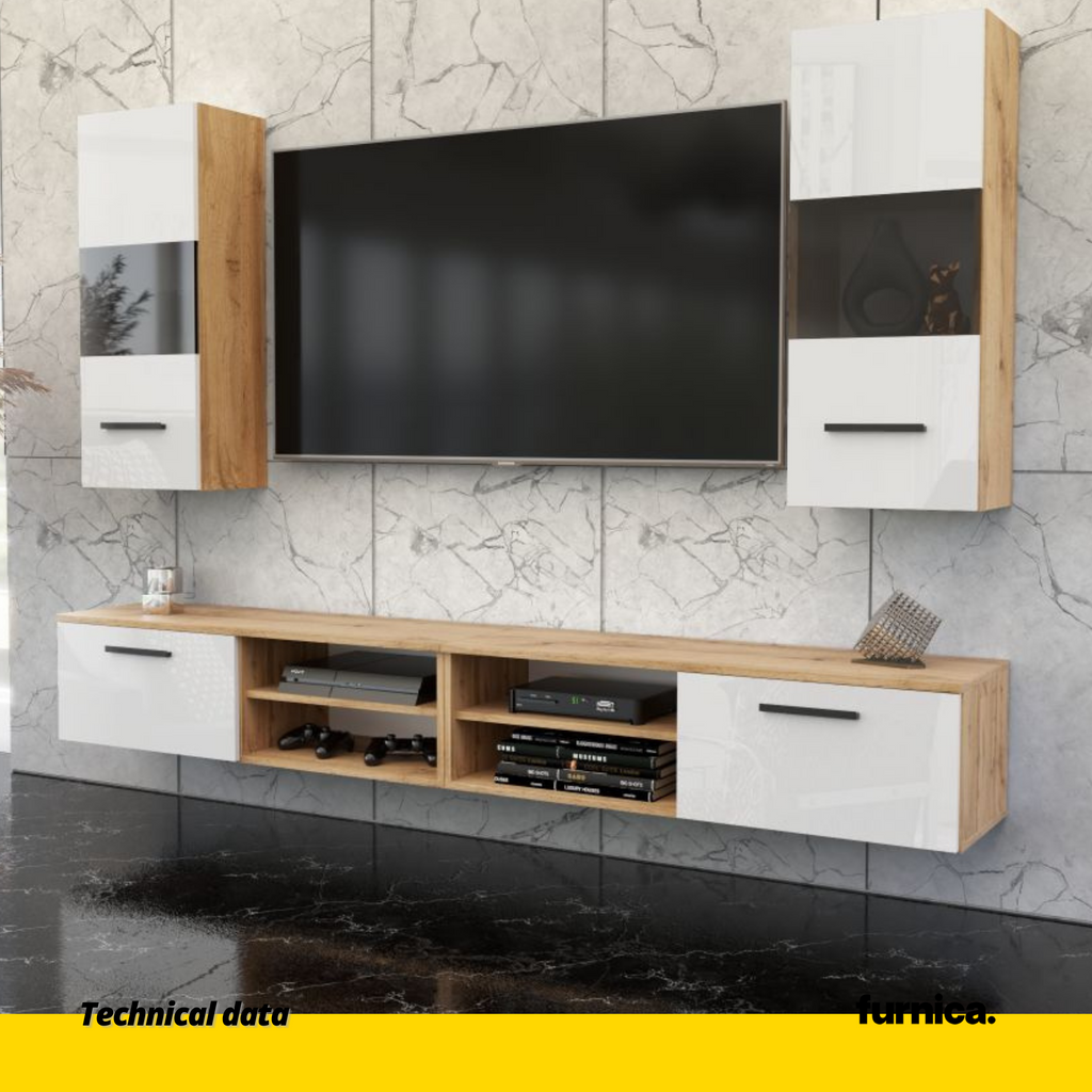MIRANDA - Sada zavěšené televizní jednotky - 4 skříně - Wotan dub / bílý lesk