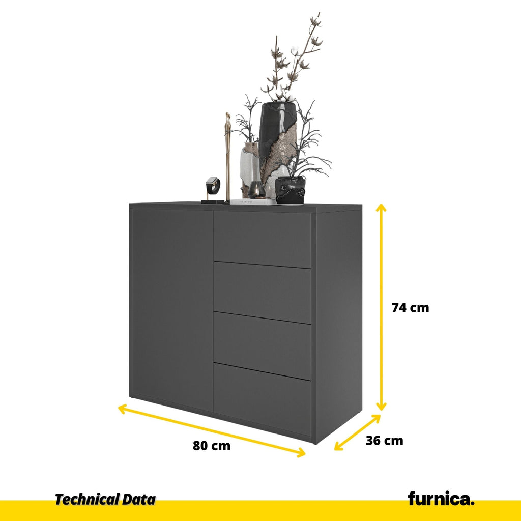 CAMILLE - Skříň s dvířky a 4 zásuvkami s otevíráním stisknutím - antracitová H74cm W80cm D36cm
