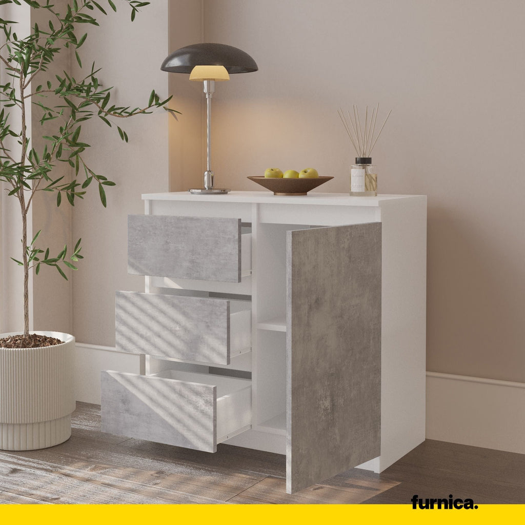 MIKEL - Komoda se 3 šuplíky a 1 dveřmi - Skříň na oblečení do ložnice - Bílý mat / Beton - Výška 75 cm, šířka 80 cm, hloubka 35 cm.