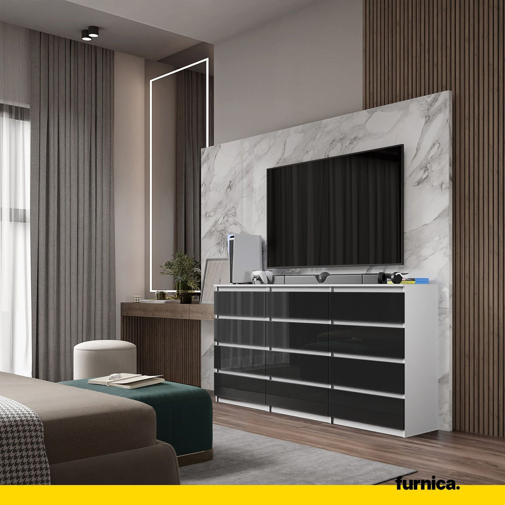 GABRIEL - Komoda se 12 šuplíky (8+4) - Skříň na oblečení do ložnice - Bílý mat / Černý lesk - Výška 92 cm, šířka 180 cm, hloubka 33 cm.