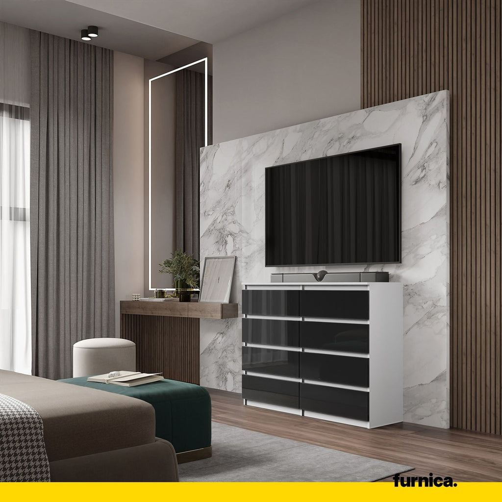 GABRIEL - Komoda se 8 šuplíky - Skříň na oblečení do ložnice - Bílý mat / Černý lesk - Výška 92 cm, šířka 120 cm, hloubka 33 cm.