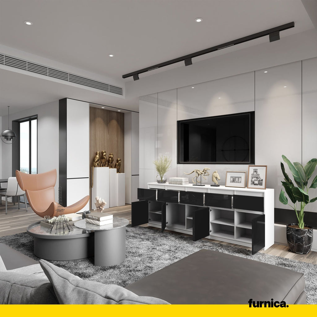 NOAH - Komoda se 5 šuplíky a 5 dveřmi - Skříň na uložení oblečení do ložnice - Bílý mat / Černý lesk - Výška 75 cm, šířka 200 cm, hloubka 35 cm.