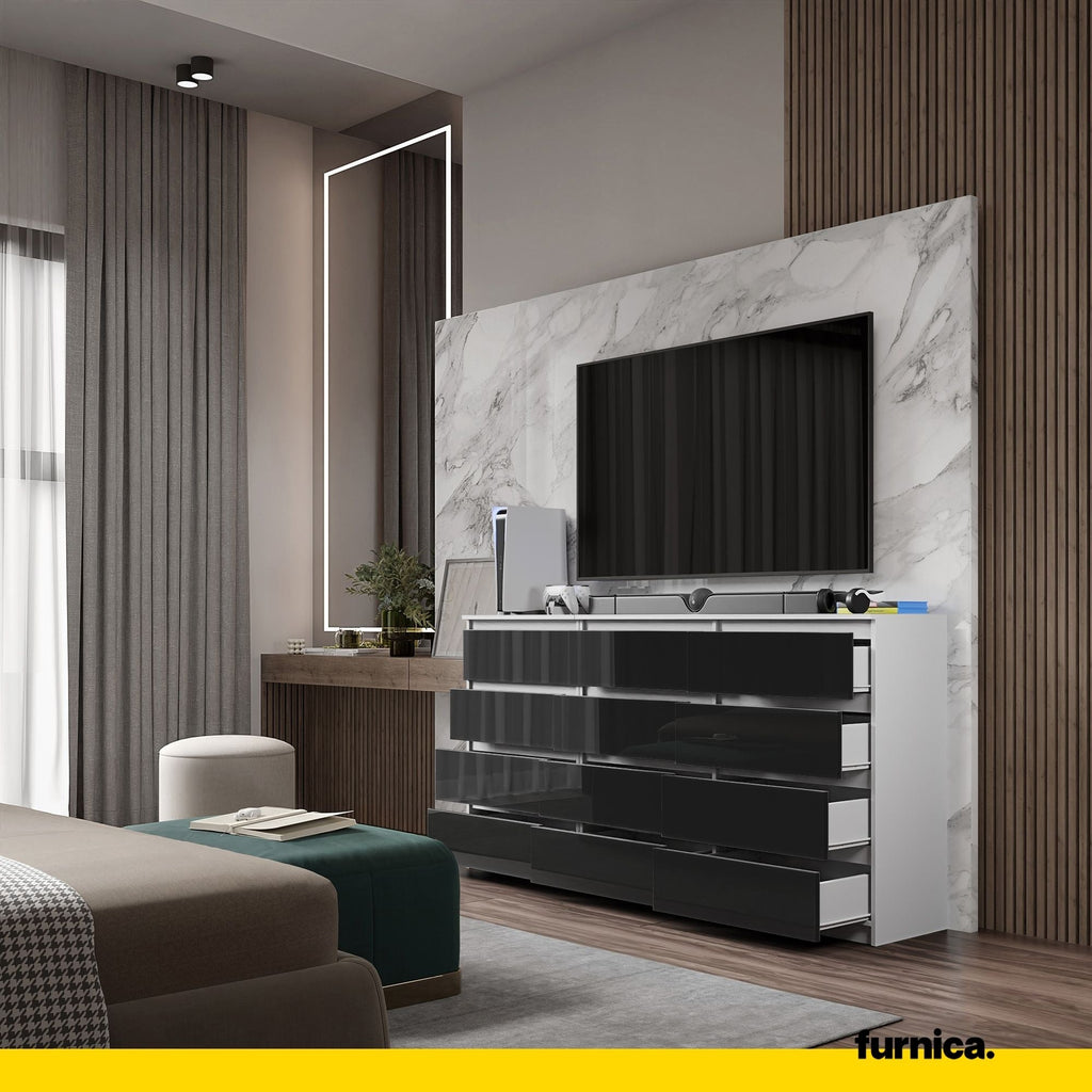 GABRIEL - Komoda se 12 šuplíky (8+4) - Skříň na oblečení do ložnice - Bílý mat / Černý lesk - Výška 92 cm, šířka 180 cm, hloubka 33 cm.