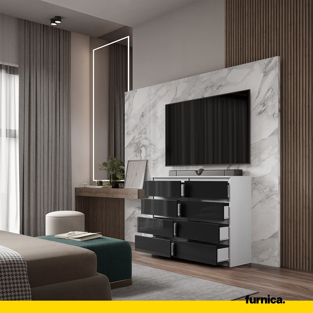 GABRIEL - Komoda se 8 šuplíky - Skříň na oblečení do ložnice - Bílý mat / Černý lesk - Výška 92 cm, šířka 120 cm, hloubka 33 cm.