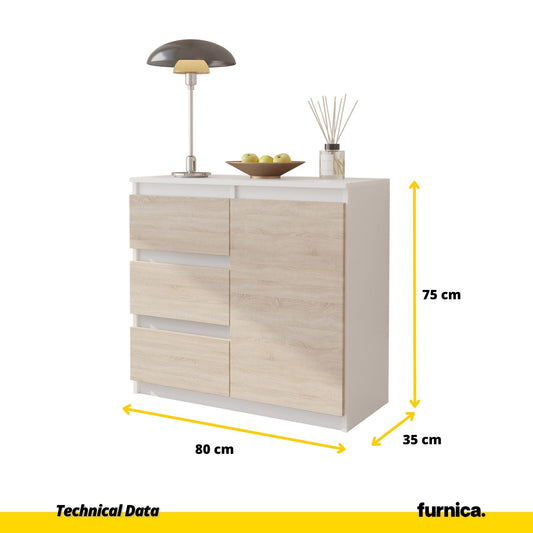 MIKEL - Komoda se 3 šuplíky a 1 dveřmi - Skříň na oblečení do ložnice - Bílý mat / Sonoma dub - Výška 75 cm, šířka 80 cm, hloubka 35 cm.