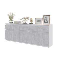 NOAH - Komoda se 5 šuplíky a 5 dveřmi - Skříň na uložení oblečení do ložnice - Bílý mat / Betonový vzhled - Výška 75 cm, šířka 200 cm, hloubka 35 cm.