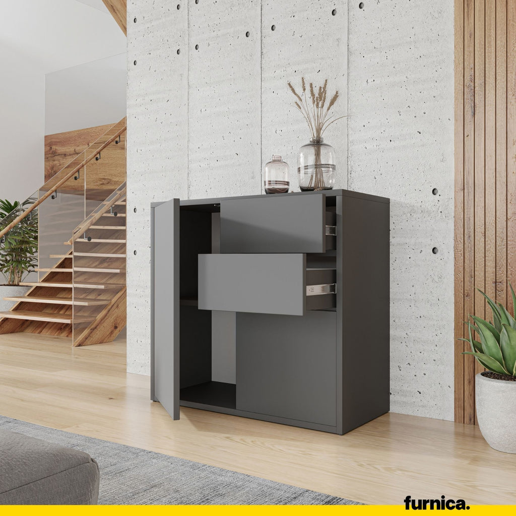 CAMILLE - Skříň s dvěma dveřmi a dvěma šuplíky s otevíráním stisknutím - antracitová, výška 74 cm, šířka 80 cm, hloubka 36 cm.