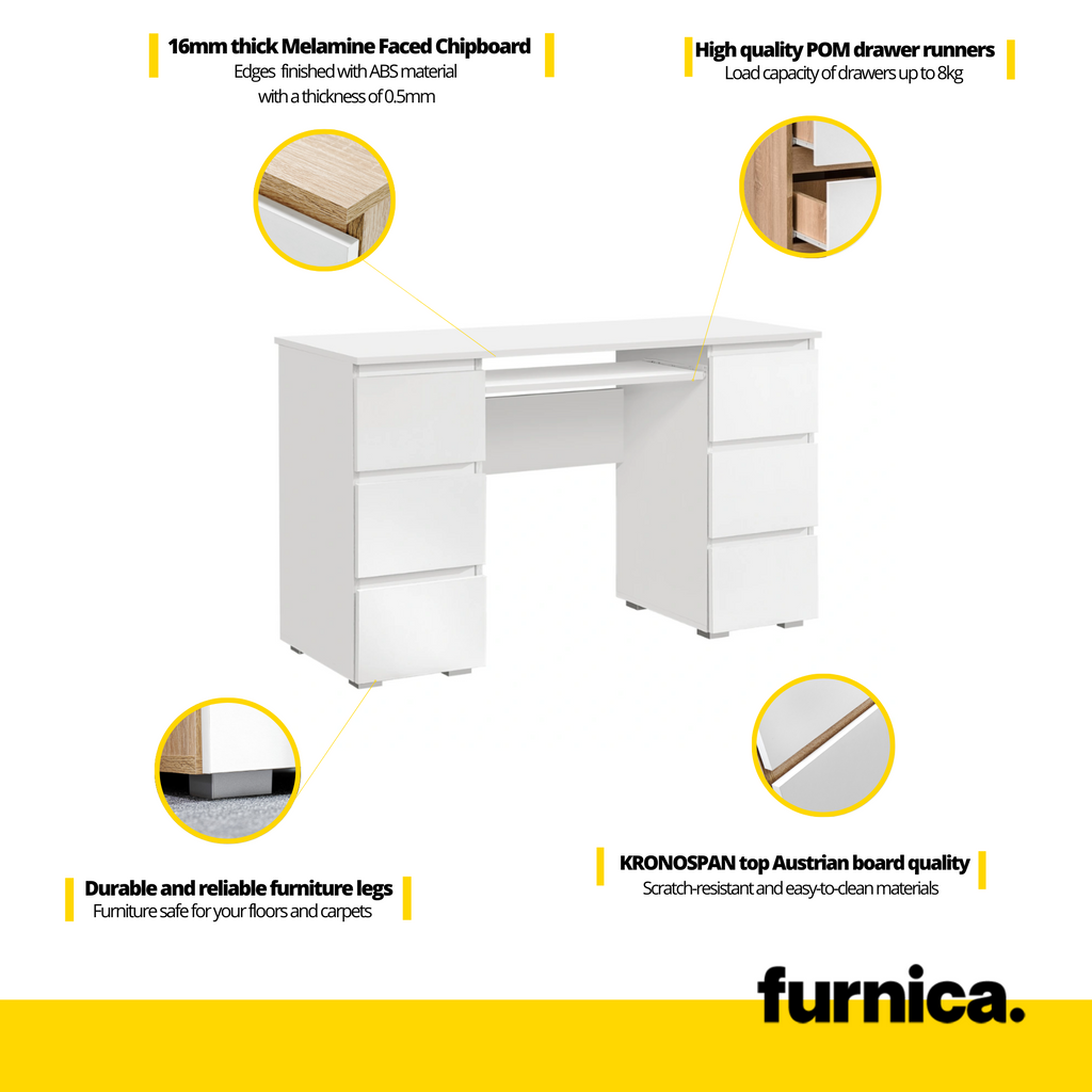 CUBA - Počítačový stůl s 6 šuplíky s push to open mechanismem a výsuvnou klávesnicí H78cm W130cm D50cm - bílý matný