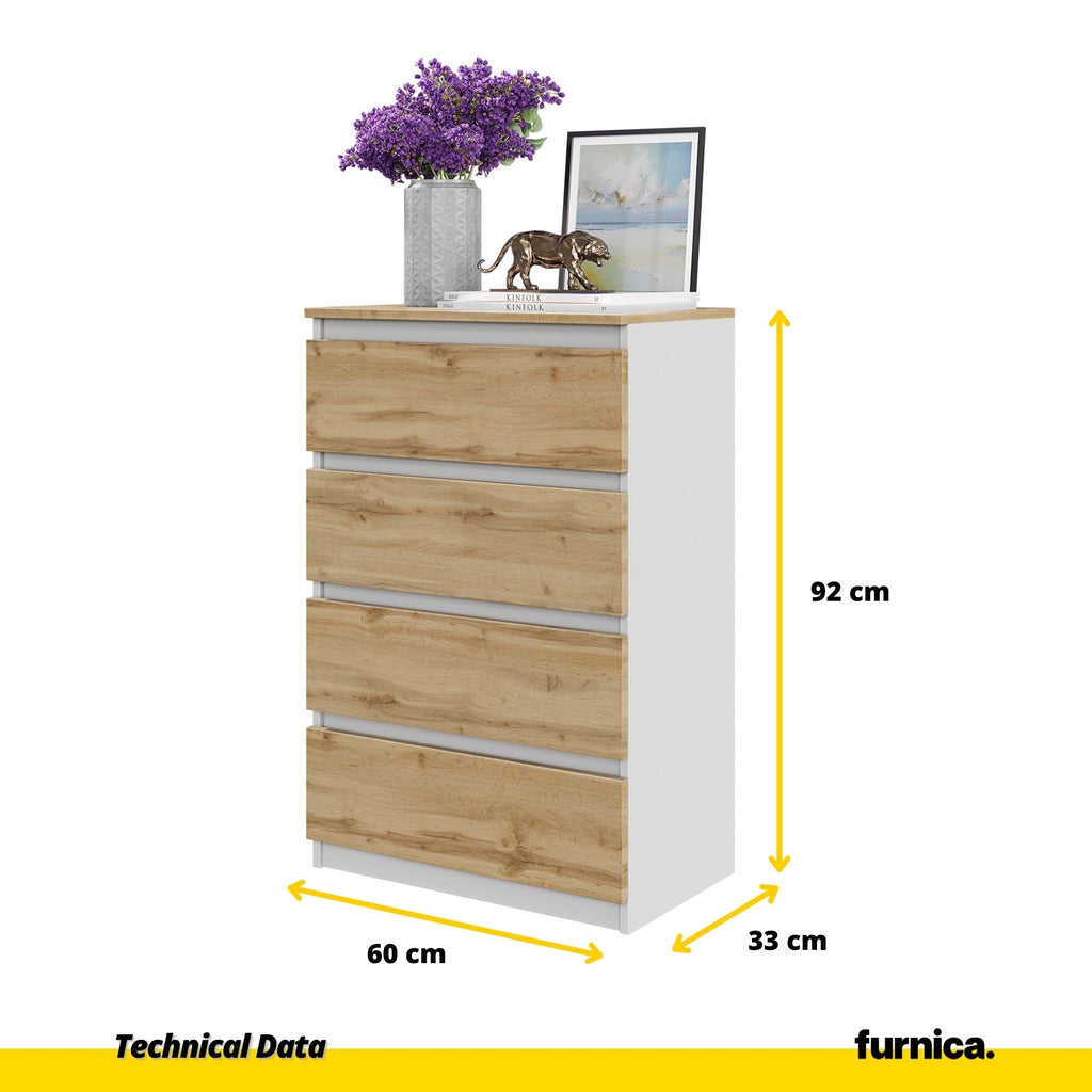 GABRIEL - Komoda se 4 zásuvkami - Skříň na oblečení do ložnice - Bílý mat / Wotan dub H92cm W60cm D33cm