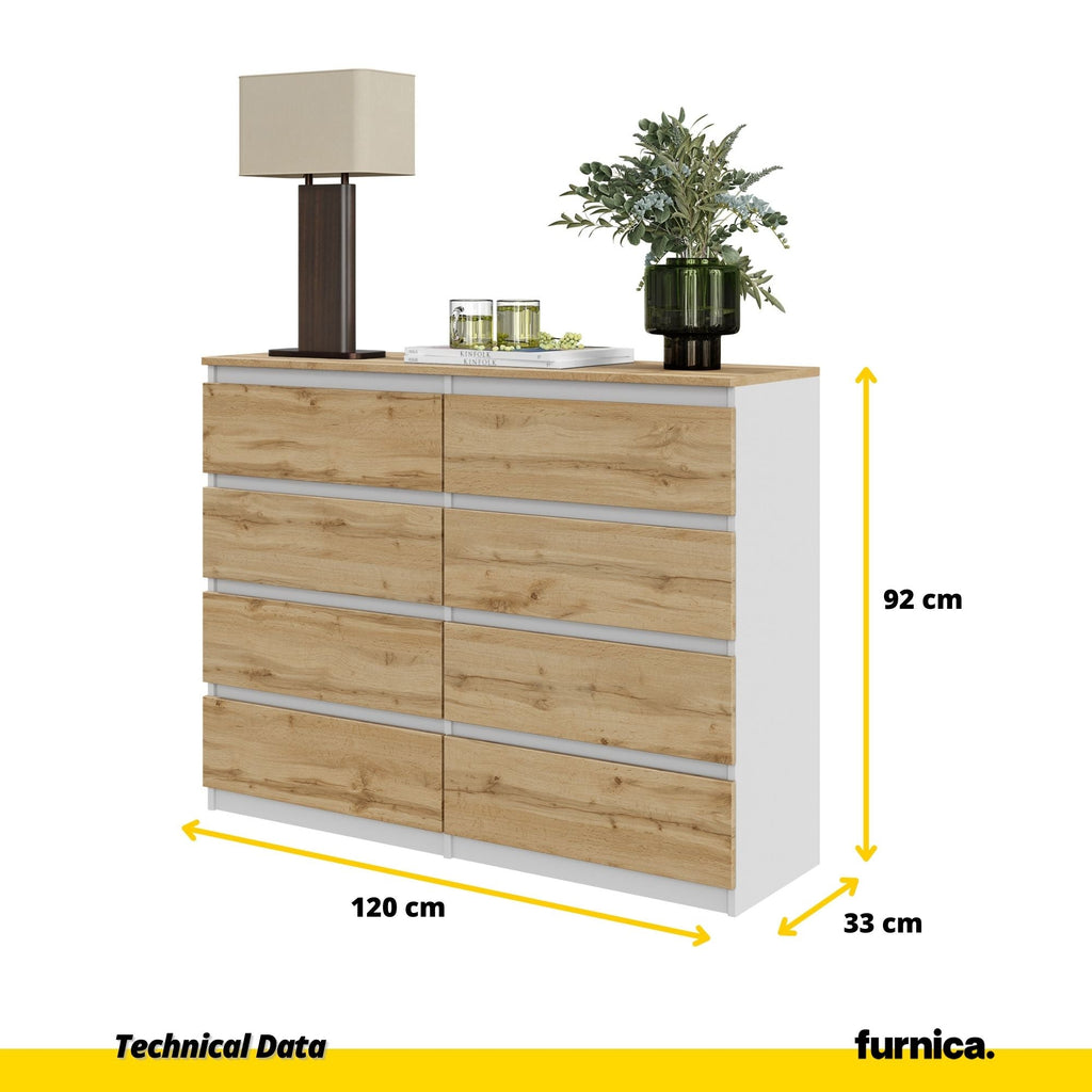 GABRIEL - Komoda se 8 šuplíky - Skříň na oblečení do ložnice - Bílý mat / Wotan dub H92cm W120cm D33cm