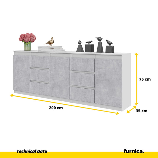 MIKEL - Komoda se 6 šuplíky a 3 dveřmi - Skříň na oblečení do ložnice - Bílý mat / Betonový vzhled - Výška 75 cm, šířka 200 cm, hloubka 35 cm.