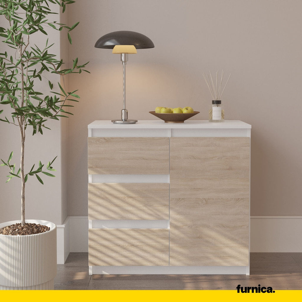 MIKEL - Komoda se 3 šuplíky a 1 dveřmi - Skříň na oblečení do ložnice - Bílý mat / Sonoma dub - Výška 75 cm, šířka 80 cm, hloubka 35 cm.