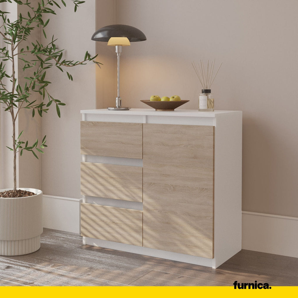 MIKEL - Komoda se 3 šuplíky a 1 dveřmi - Skříň na oblečení do ložnice - Bílý mat / Sonoma dub - Výška 75 cm, šířka 80 cm, hloubka 35 cm.