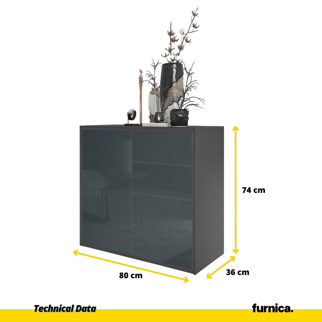 CAMILLE - Skříň s dvířky a 4 zásuvkami s funkcí push to open - antracit / lesklý antracit H74cm W80cm D36cm