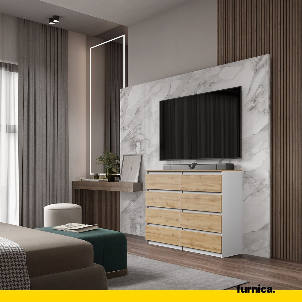 GABRIEL - Komoda se 8 šuplíky - Skříň na oblečení do ložnice - Bílý mat / Wotan dub H92cm W120cm D33cm