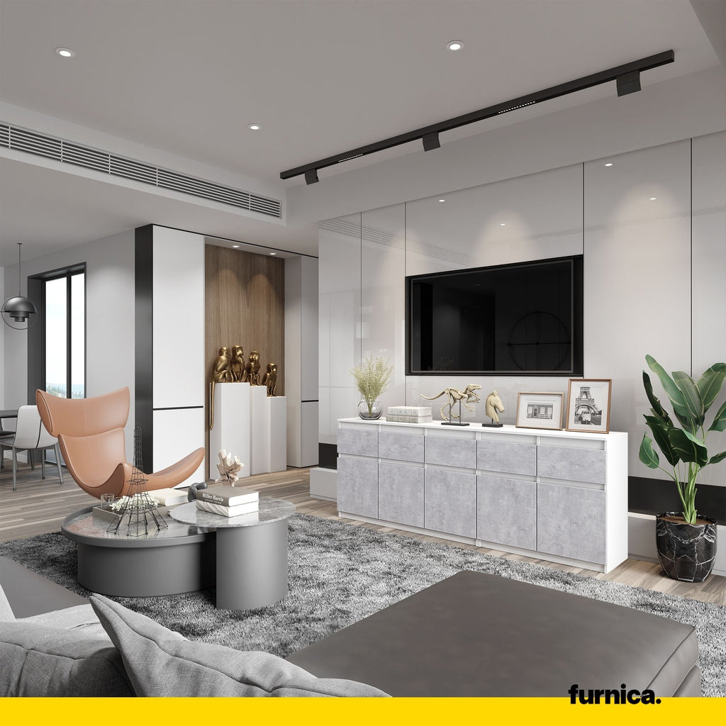 NOAH - Komoda se 5 šuplíky a 5 dveřmi - Skříň na uložení oblečení do ložnice - Bílý mat / Betonový vzhled - Výška 75 cm, šířka 200 cm, hloubka 35 cm.