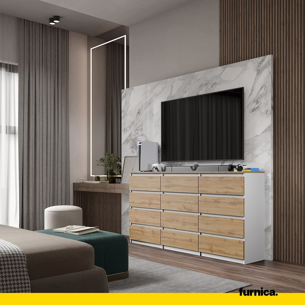 GABRIEL - Komoda se 12 šuplíky (8+4) - Skříň na oblečení do ložnice - Bílý mat / Wotan dub H92cm W180cm D33cm