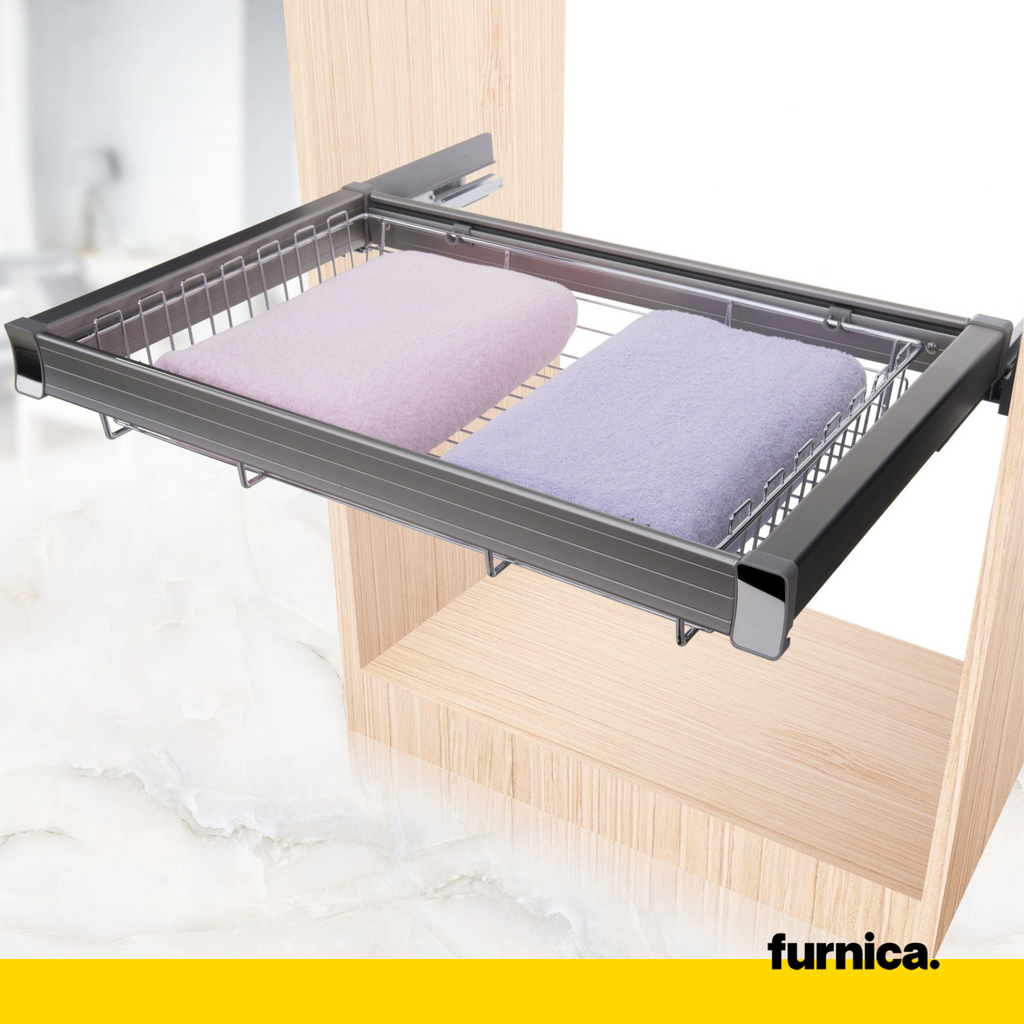 Výsuvné koše na skladování pro skříňku o šířce 60 cm s tlumeným zavíráním - jedna police - chromované