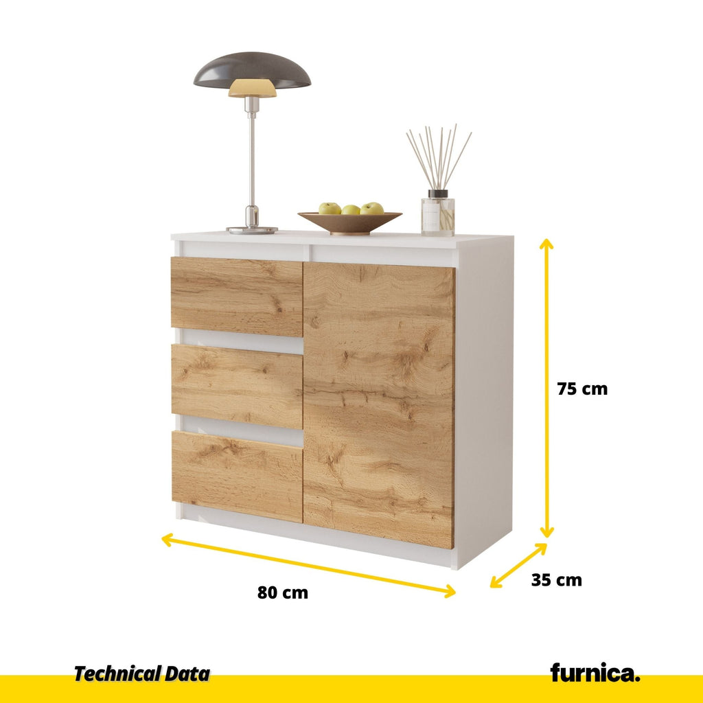 MIKEL - Komoda se 3 šuplíky a 1 dveřmi - Skříň na oblečení do ložnice - Bílý mat / Wotan dub H75cm W80cm D35cm