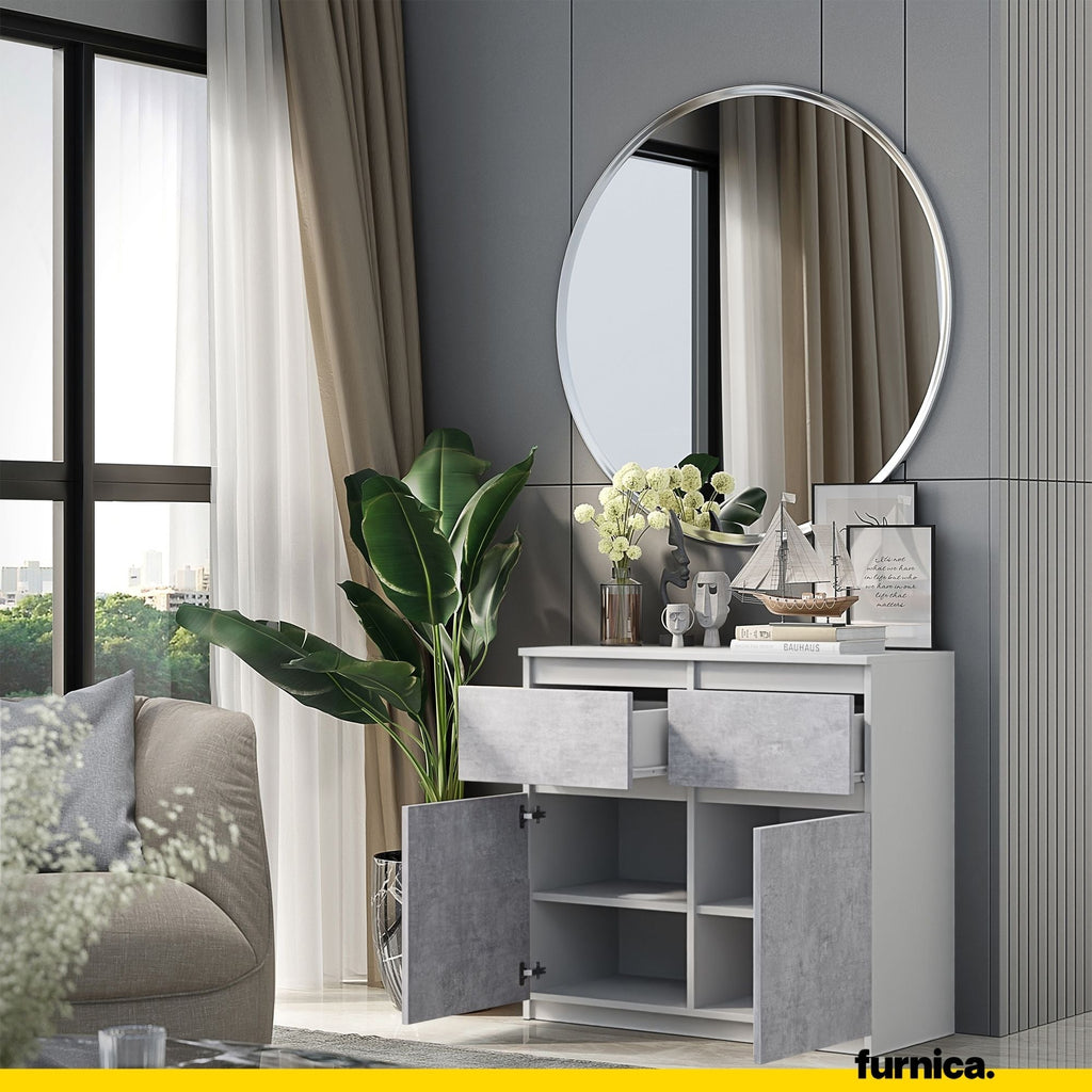 NOAH - Komoda se 2 šuplíky a 2 dveřmi - Skříň na uložení oblečení do ložnice - Bílý mat / Betonový vzhled - Výška 75 cm, šířka 80 cm, hloubka 35 cm.