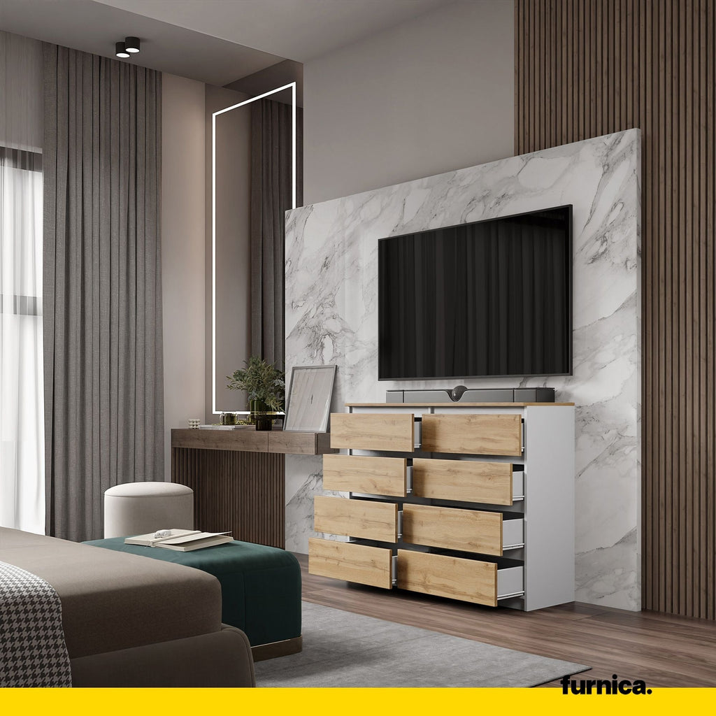 GABRIEL - Komoda se 8 šuplíky - Skříň na oblečení do ložnice - Bílý mat / Wotan dub H92cm W120cm D33cm