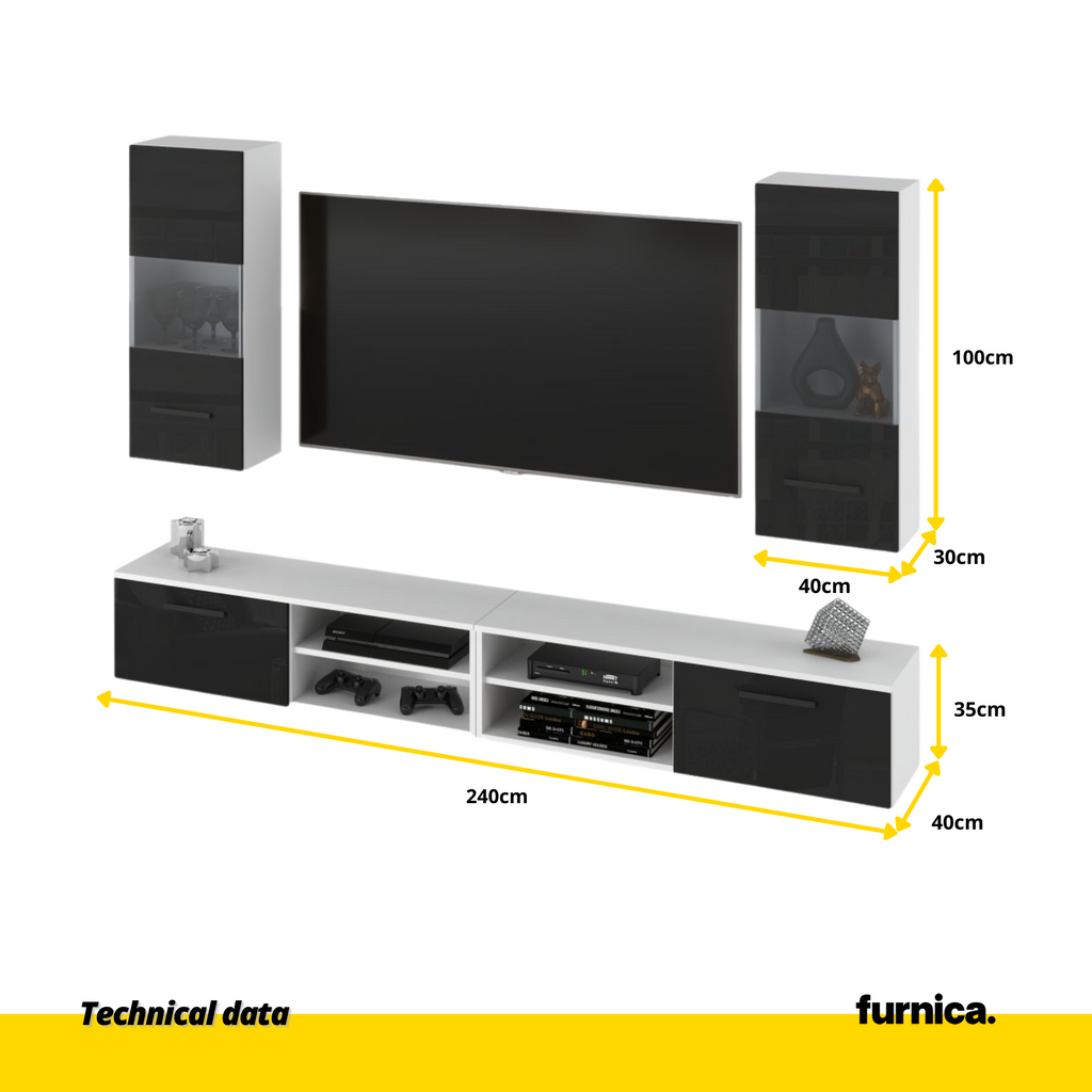 MIRANDA - Sada zavěšené televizní jednotky - 4 skříně - bílý mat / černý lesk