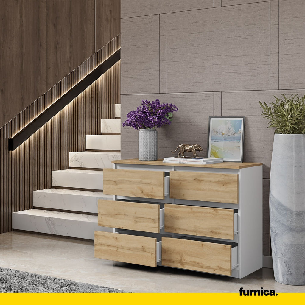 GABRIEL - Komoda se 6 šuplíky - Skříň na oblečení do ložnice - Bílá / Wotan dub H71cm Š100cm D33cm