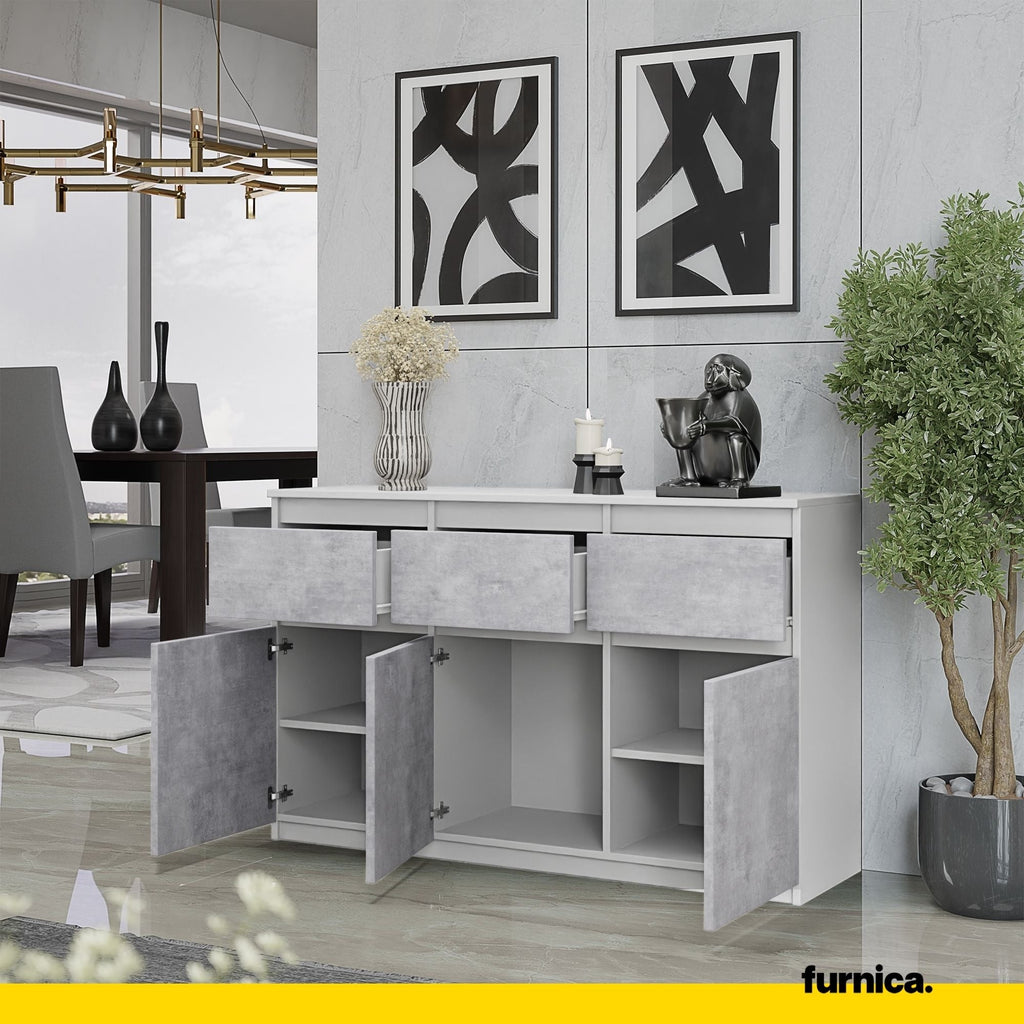 NOAH - Komoda se 3 šuplíky a 3 dveřmi - Skříň na uložení oblečení do ložnice - Bílý mat / Betonový vzhled - Výška 75 cm, šířka 120 cm, hloubka 35 cm.