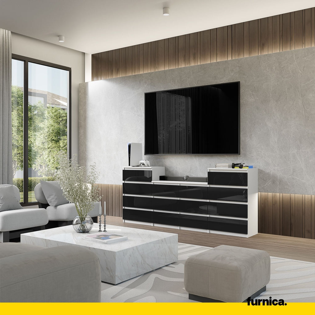 GABRIEL - Komoda se 14 šuplíky (4+6+4) - Skříň na oblečení do ložnice - Bílý mat / Černý lesk H92cm Š220cm D33cm