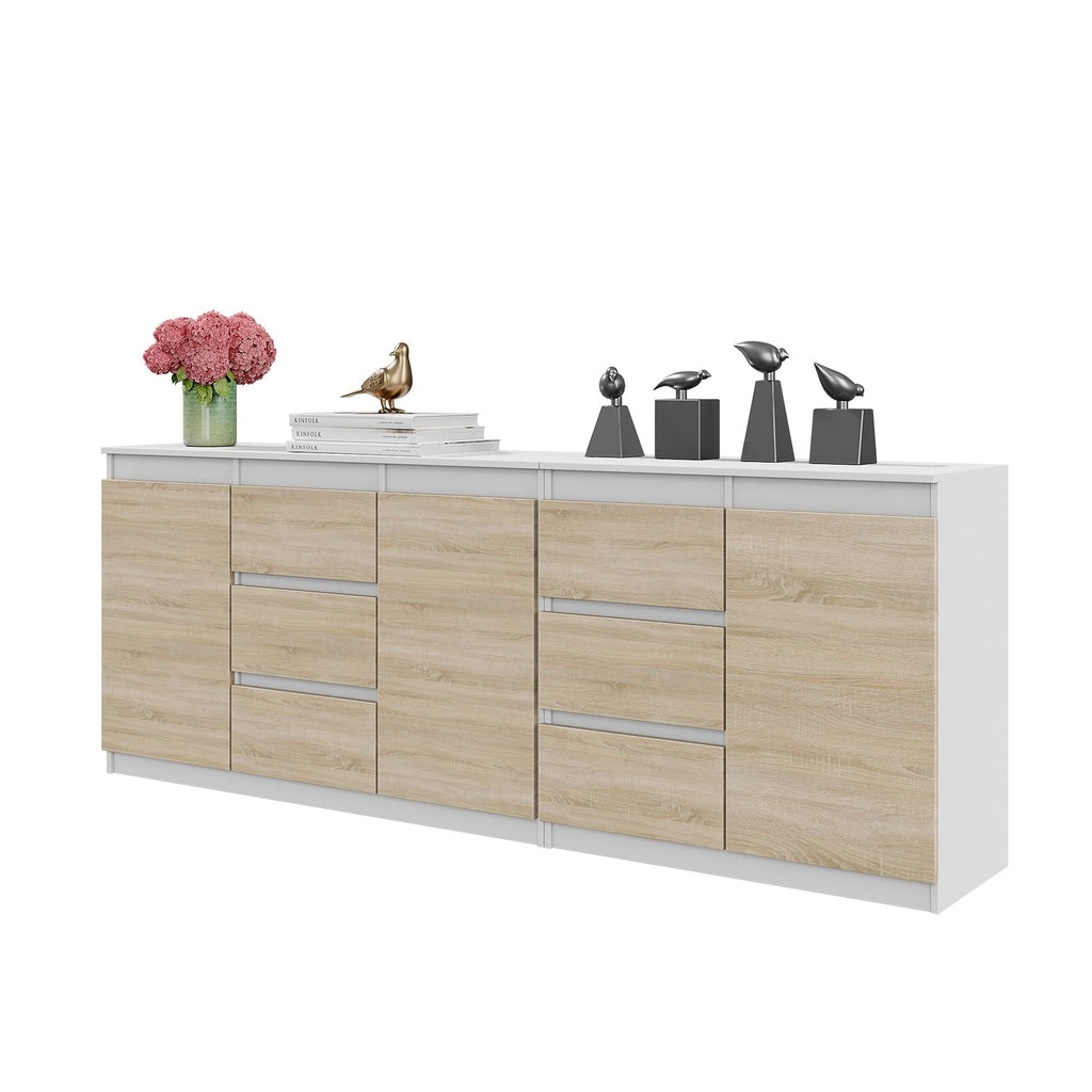 MIKEL - Komoda se 6 šuplíky a 3 dveřmi - Skříň na oblečení do ložnice - Bílý mat / Sonoma dub - Výška 75 cm, šířka 200 cm, hloubka 35 cm.