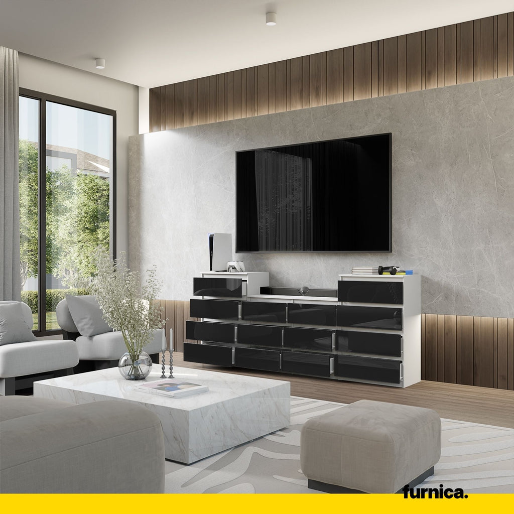 GABRIEL - Komoda se 14 šuplíky (4+6+4) - Skříň na oblečení do ložnice - Bílý mat / Černý lesk H92cm Š220cm D33cm