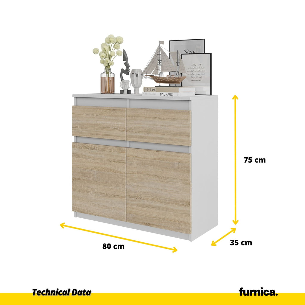NOAH - Komoda se 2 šuplíky a 2 dveřmi - Skříň na uložení oblečení do ložnice - Bílý mat / Sonoma dub - Výška 75 cm, šířka 80 cm, hloubka 35 cm.