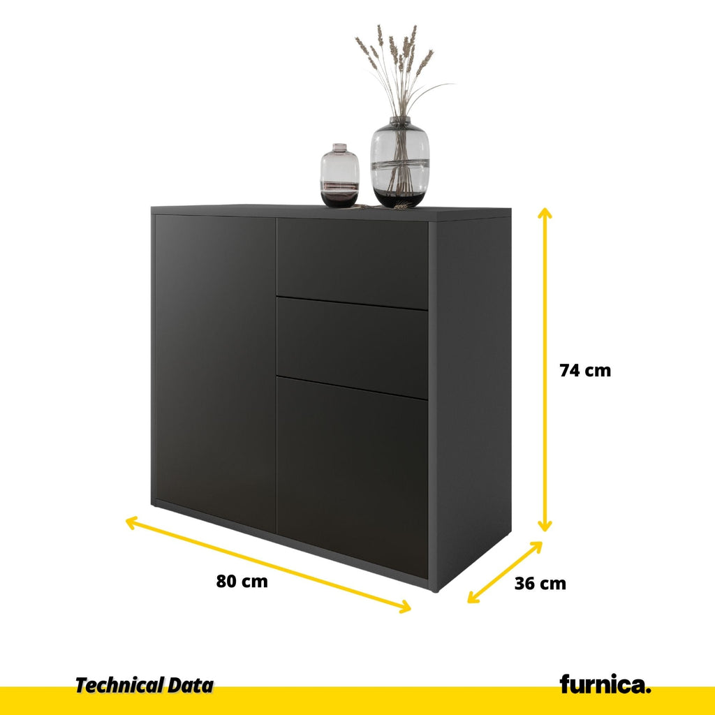 CAMILLE - Skříň s dvěma dveřmi a dvěma šuplíky s funkcí push to open - antracit / černý matný, výška 74 cm, šířka 80 cm, hloubka 36 cm.