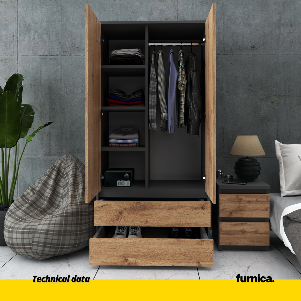JOELLE - Skříň se 2 dveřmi a 2 zásuvkami - Anthracite / Wotan Oak H180cm W90cm D50cm