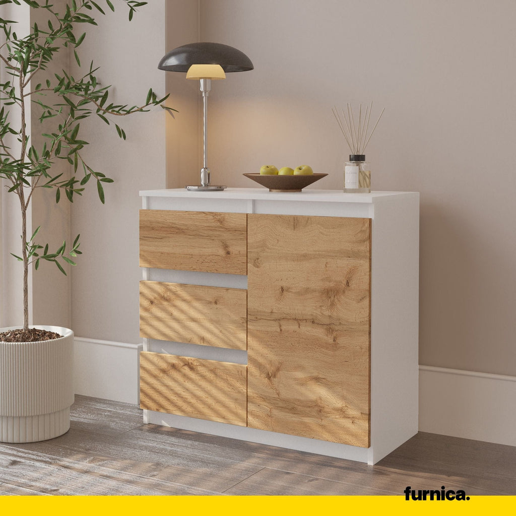 MIKEL - Komoda se 3 šuplíky a 1 dveřmi - Skříň na oblečení do ložnice - Bílý mat / Wotan dub H75cm W80cm D35cm