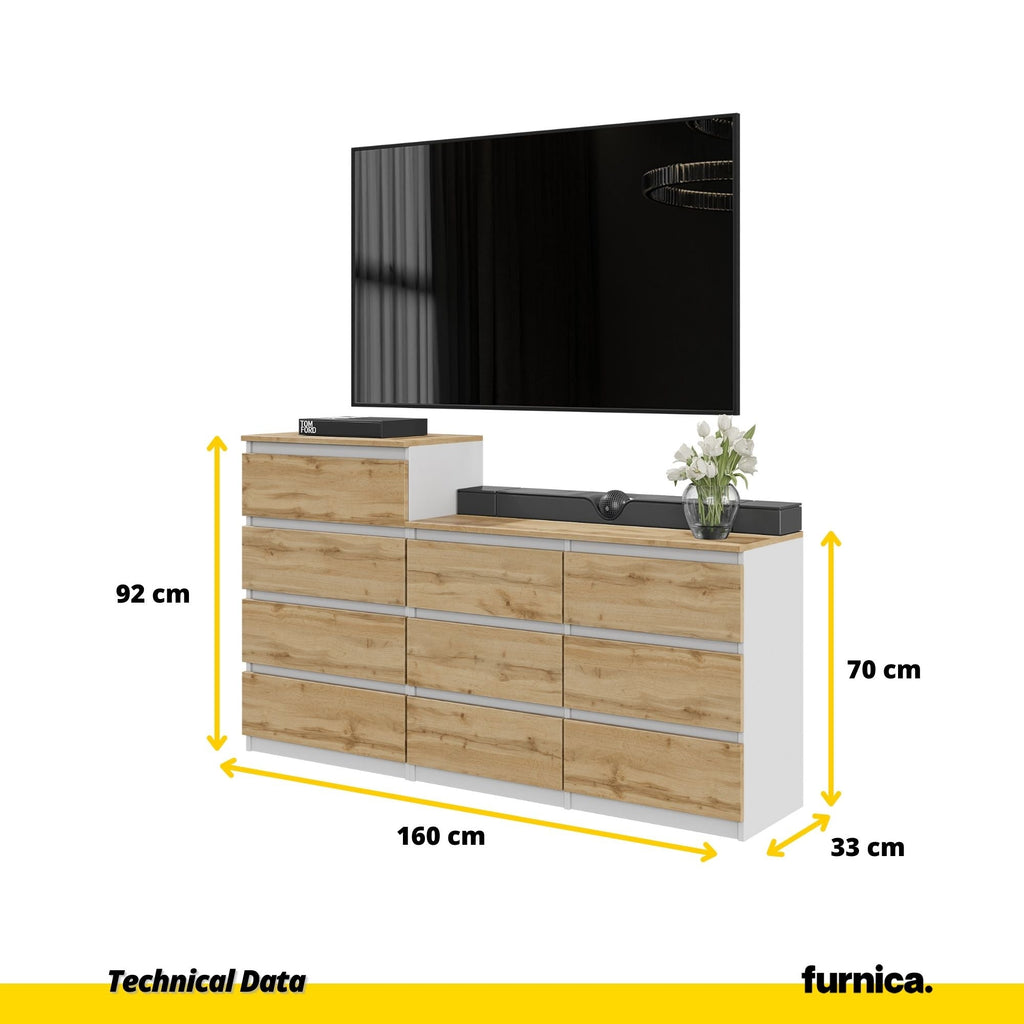 GABRIEL - Komoda se 10 šuplíky (6+4) - Skříň na oblečení do ložnice - Bílý mat / Wotan dub H92/70cm Š160cm H33cm