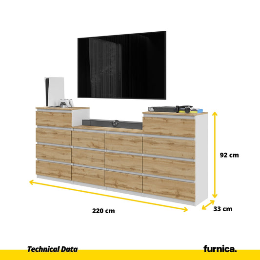 GABRIEL - Komoda se 14 šuplíky (4+6+4) - Skříň na oblečení do ložnice - Bílý mat / Wotan dub H92cm W220cm D33cm