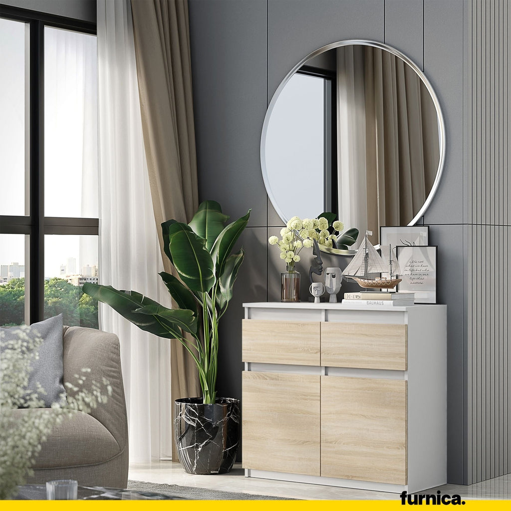 NOAH - Komoda se 2 šuplíky a 2 dveřmi - Skříň na uložení oblečení do ložnice - Bílý mat / Sonoma dub - Výška 75 cm, šířka 80 cm, hloubka 35 cm.