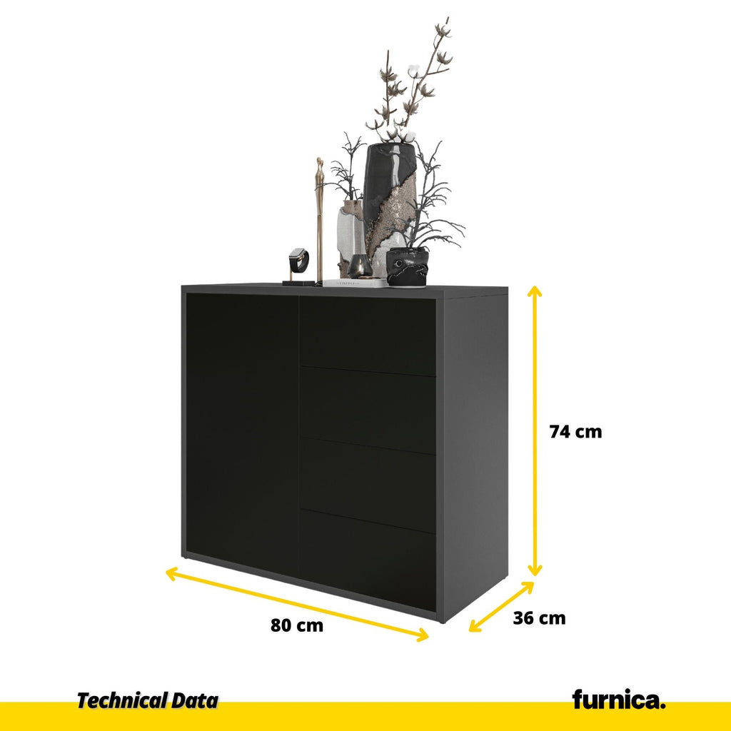 CAMILLE - Skříň s dvířky a 4 zásuvkami s funkcí push to open - antracit / černý matný povrch H74cm W80cm D36cm