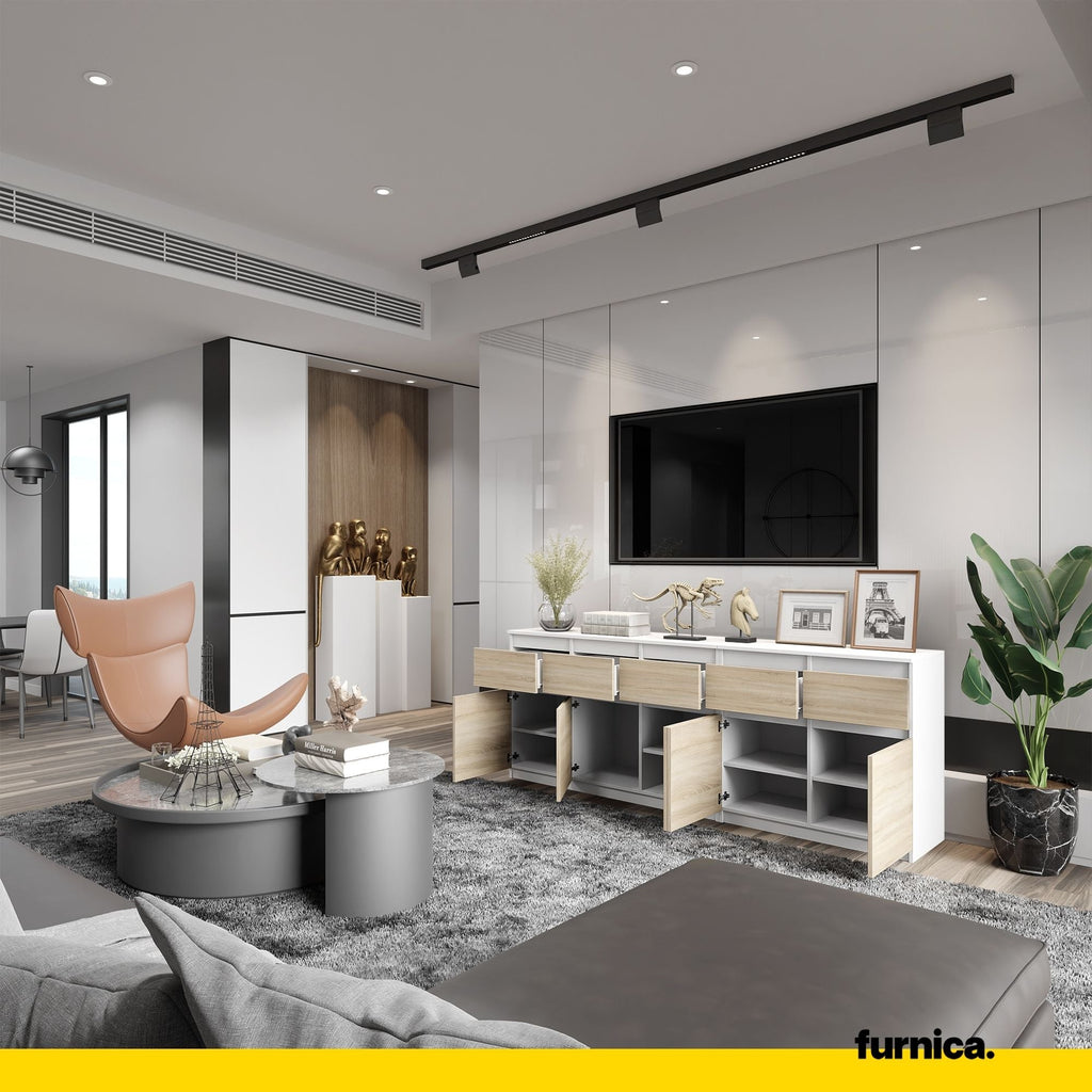 NOAH - Komoda se 5 šuplíky a 5 dveřmi - Skříň na uložení oblečení do ložnice - Bílý mat / Sonoma dub - V: 75 cm, Š: 200 cm, H: 35 cm