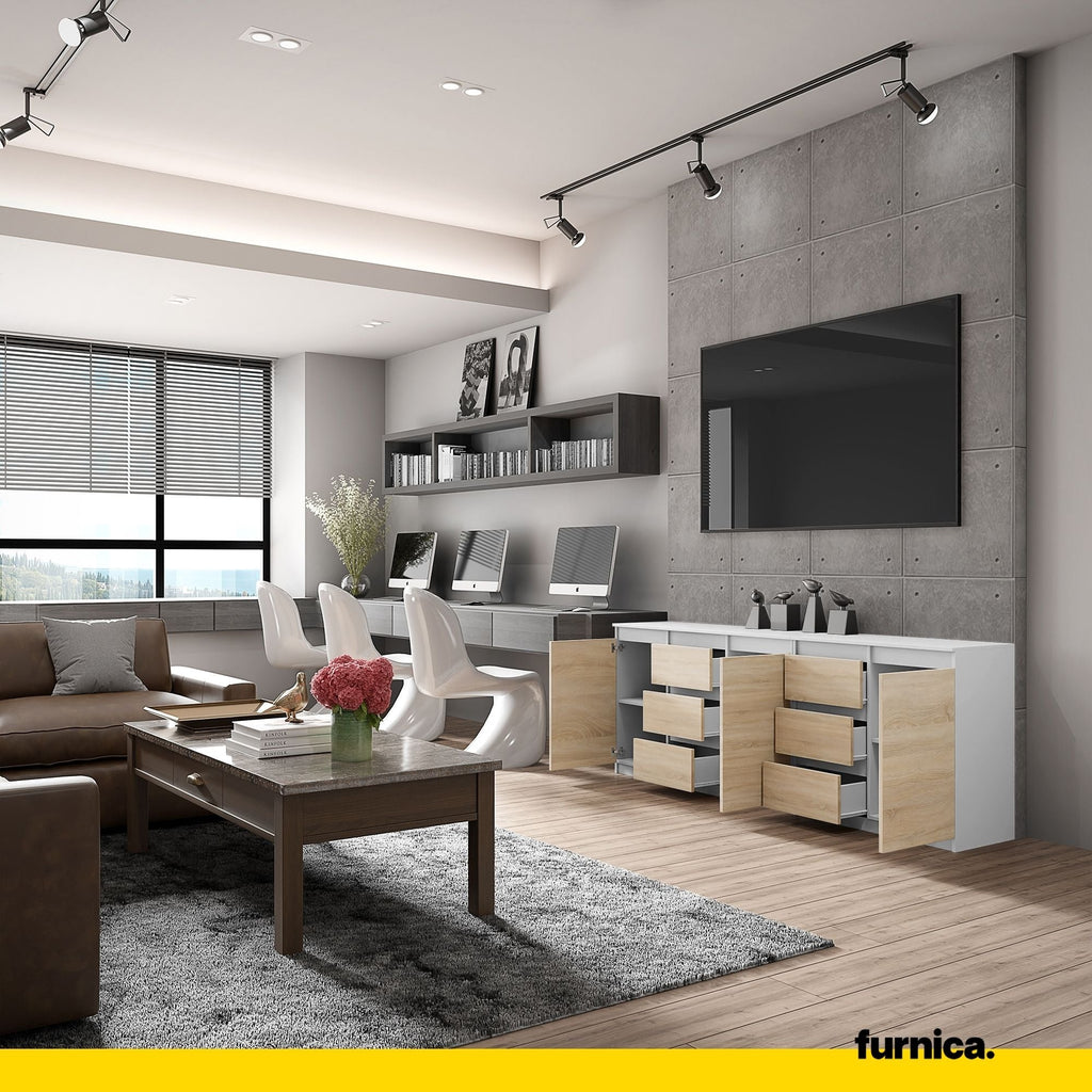 MIKEL - Komoda se 6 šuplíky a 3 dveřmi - Skříň na oblečení do ložnice - Bílý mat / Sonoma dub - Výška 75 cm, šířka 200 cm, hloubka 35 cm.