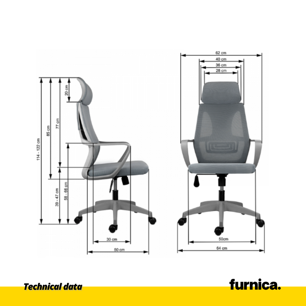 FEDERICO - Kancelářská židle s prošívaným potahem z vysoce kvalitní mikrosítě - šedá H123cm W65cm